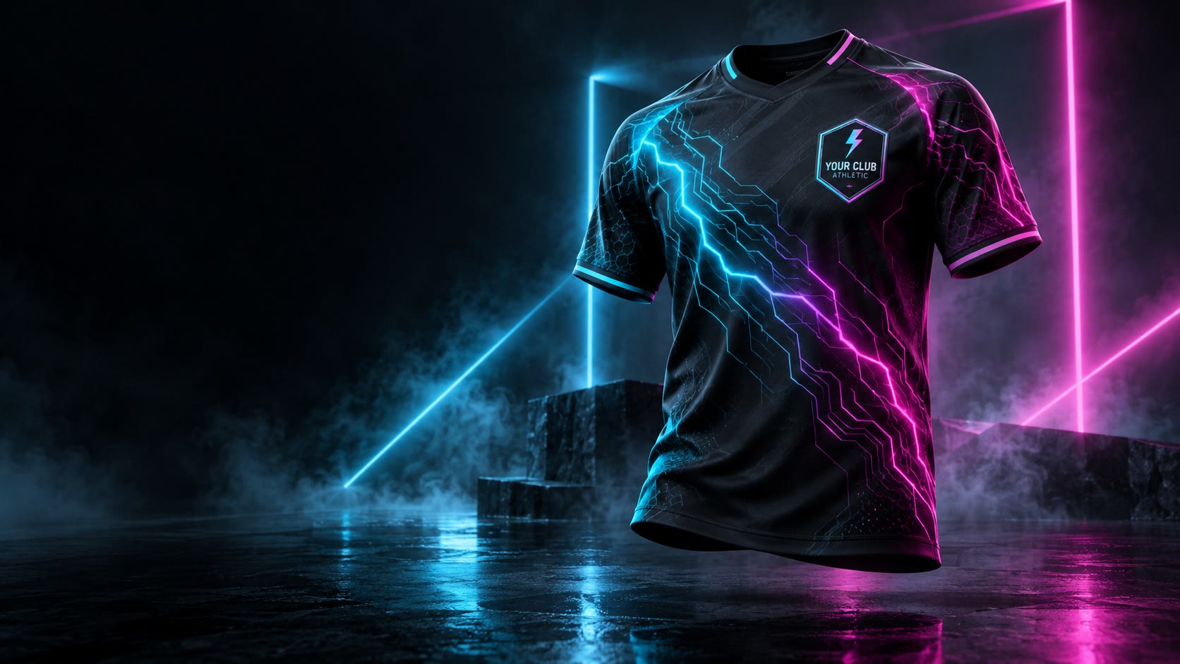 The Soccer Club Ottawa black match shirt with cyan and magenta lightning, in a neon-lit studio