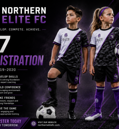 Northern Elite FC U7 soccer registration in Ottawa for boys and girls born 2019 and 2020 featuring youth players in purple and black uniforms.