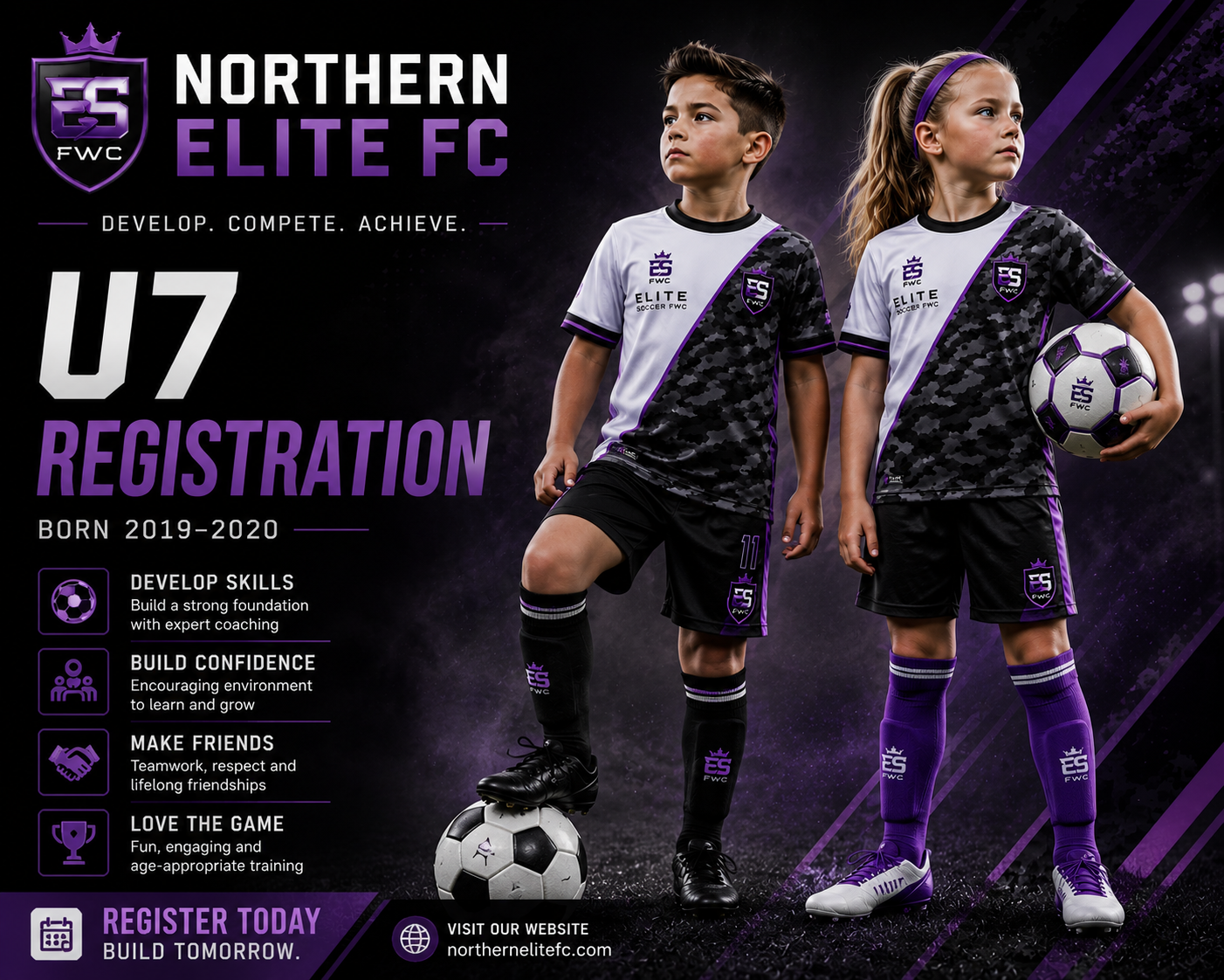 Northern Elite FC U7 soccer registration in Ottawa for boys and girls born 2019 and 2020 featuring youth players in purple and black uniforms.