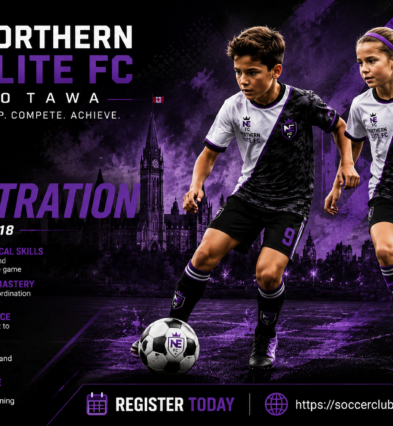 Northern Elite FC U9 soccer registration in Ottawa for boys and girls born in 2017 and 2018 featuring youth players in purple and black uniforms.