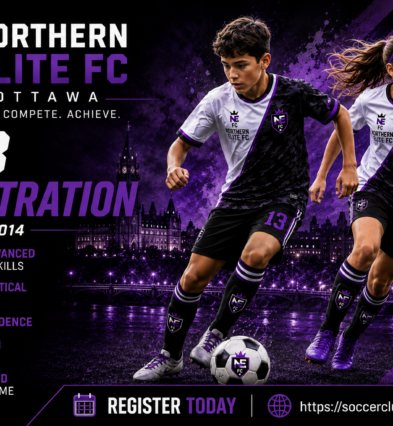 Northern Elite FC U13 soccer registration in Ottawa for boys and girls born in 2013 and 2014 featuring youth players in purple, white and black uniforms.