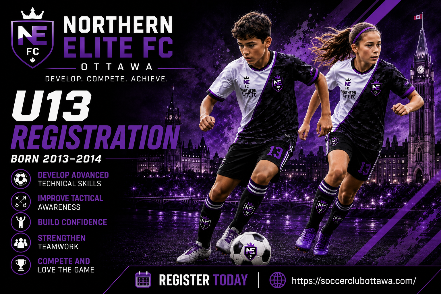 Northern Elite FC U13 soccer registration in Ottawa for boys and girls born in 2013 and 2014 featuring youth players in purple, white and black uniforms.